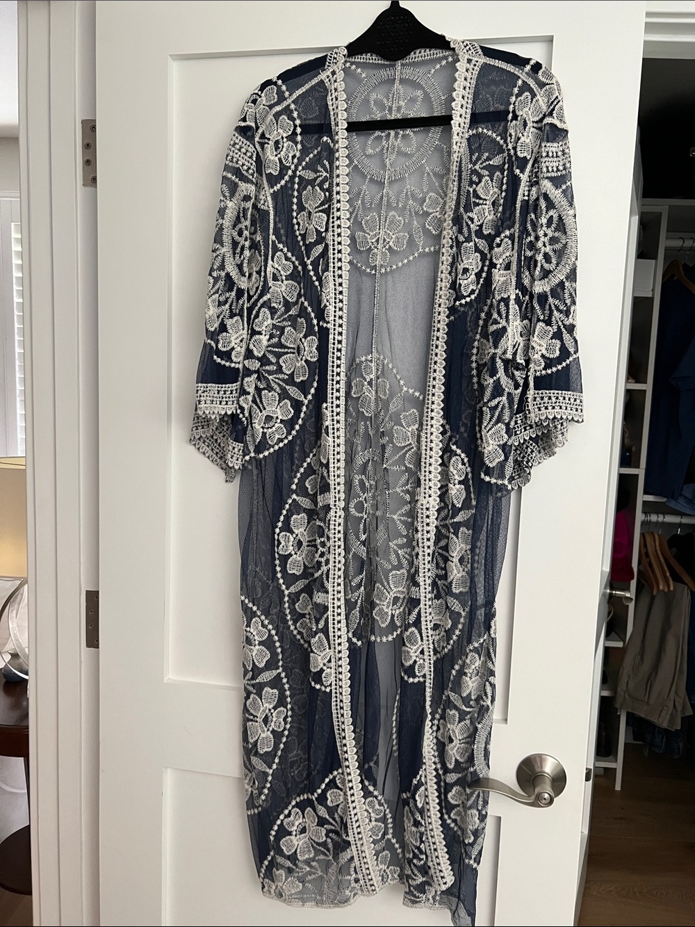 Navy & White Lace Floral Swim Coverup